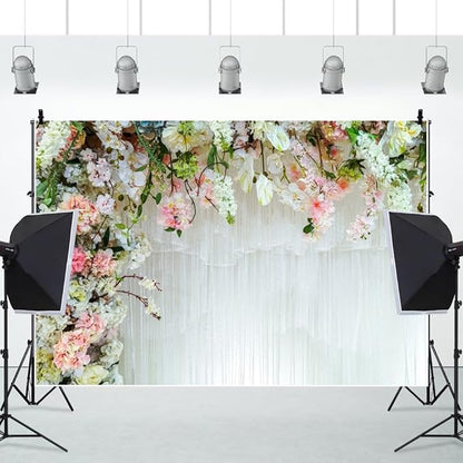 Leowefowa White Flower Wall Backdrop for Wedding Decor Romantic Pink Roses Floral Wall Photography Background for Wedding Birthday Party Banner Decorations Backdrop Photo Booth Props 9x6ft Vinyl