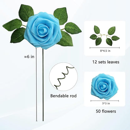 JOYLEX Artificial Flowers Realistic Roses, 50pcs Real Looking Fake Roses with Stem for DIY Wedding Bouquets Centerpieces Bridal Shower Party Home Romantic Decorations (Light Blue)