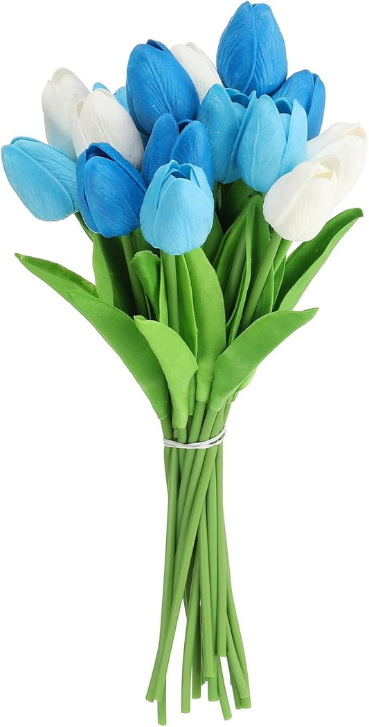 uxcell 20pcs Tulips Artificial Flowers, Faux Flowers Silk Fake Tulip Stems Real Touch for Wedding Bouquet Centerpiece Table Party Decoration(Blue, Sky Blue, Pure White)