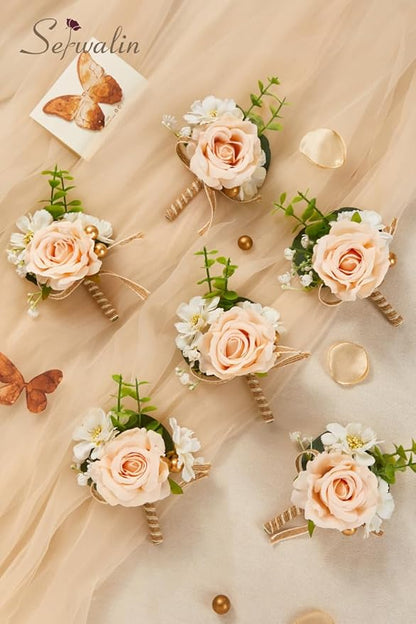 Serwalin 6PCS Champagne Rose Boutonniere for Men Wedding Groom Groomsmen Best Man Boutonniere for Wedding Ceremony Anniversary Prom Flowers Formal Dinner Party