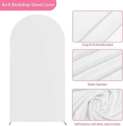 Putros 6.6ft Metal Arch Stand with Cover White Spandex Fitted Wedding Arch Cover and Round Top Chiara Backdrop Stand Set for Birthday Party Baby Shower Decoration