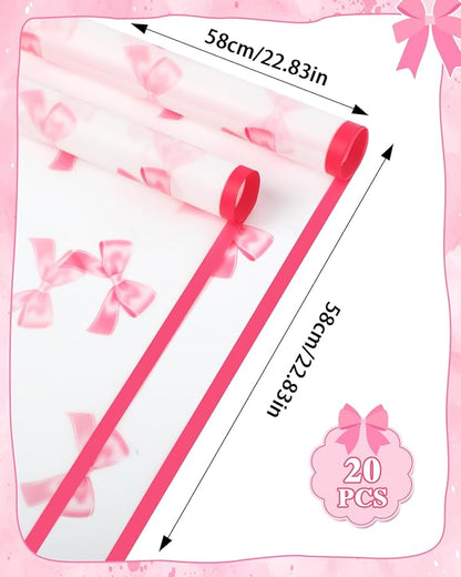 Liobelon 20 Sheets Flower Wrapping Paper Waterproof Bouquet Paper Bow Pattern Rose Pink Gift Wrapping Paper for Flower Shop, Wedding, Birthday Party, Handmade DIY, Anniversary 22.8 x 22.8Inch