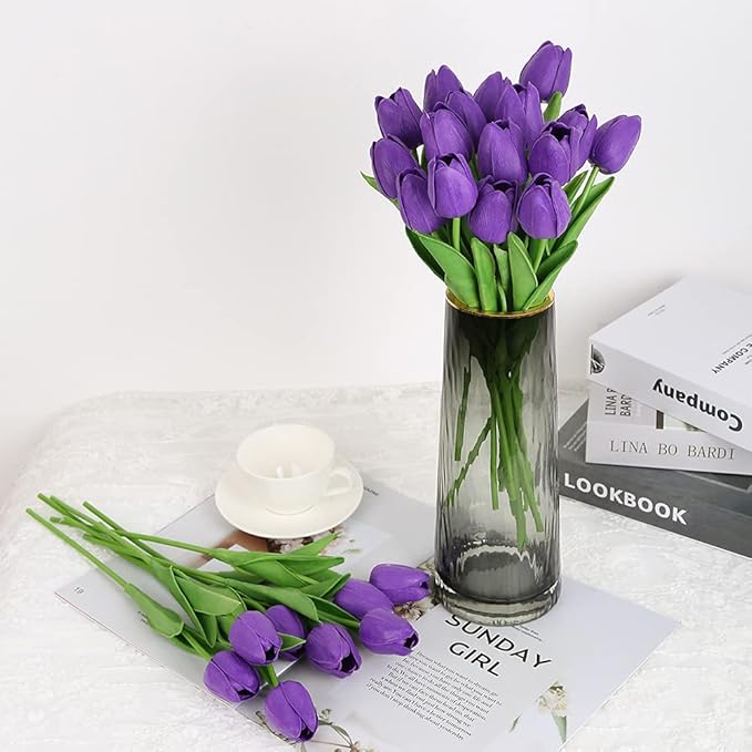 IPOPU Real Touch Purple Tulips 24PCS Artificial Flowers for Decoraion Fake Tulips Purple Flowers Floral Arrangements Faux Tulip Decor for Table Home Decor Baby Shower Centerpieces