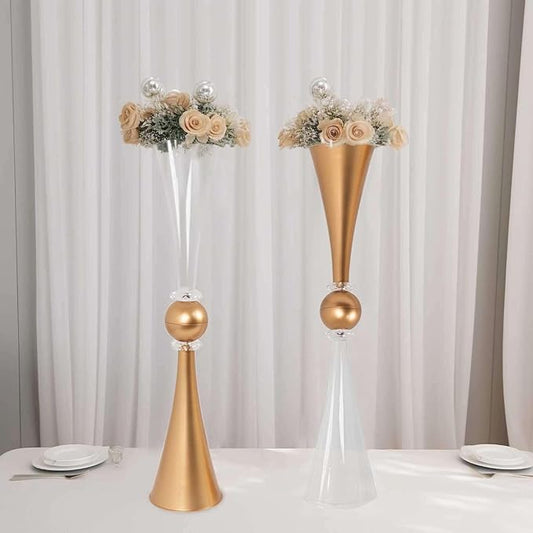 Efavormart 2 Pack Clear Gold Crystal Embellishment Trumpet Table Centerpiece, Reversible Plastic Flower Vase - 27"