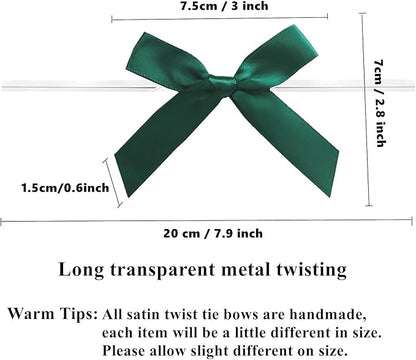 50 Pieces Bow Twist Ties for Bags, Satin Twist Tie Bows for Cake Pops, Twist Bows for Treats, Pre Tied Bows for Gifts Wrapping, Ribbon Bows, Pretied Bows Ties for Gift Wrap Bows(Dark Green)