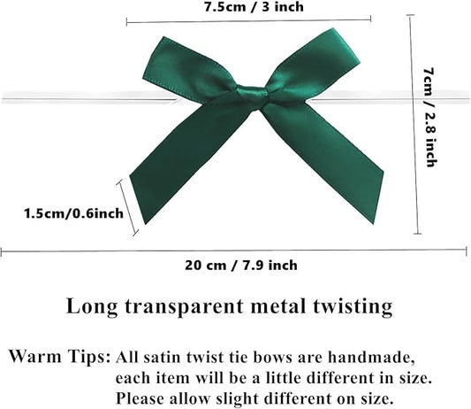 50 Pieces Bow Twist Ties for Bags, Satin Twist Tie Bows for Cake Pops, Twist Bows for Treats, Pre Tied Bows for Gifts Wrapping, Ribbon Bows, Pretied Bows Ties for Gift Wrap Bows(Dark Green)