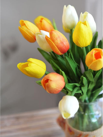 FiveSeasonStuff Real Touch Tulips Artificial Flowers – 15 Stems Faux Tulip Bouquet in Gift Box for Wedding, Home Decor, Party, Floral Arrangements (Sunset Orange)