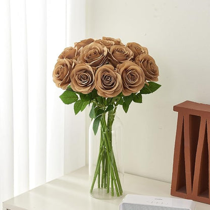 12pcs Coffee Roses Artificial Flowers Fake Roses Silk Flowers Roses with Long Stems for Wedding Home Party Centerpieces Decorations