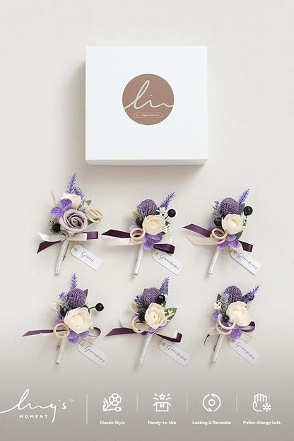 Ling's moment Boutonniere for Men, 6pcs Groom Groomsmen Boutonniere, Artificial Flowers for Wedding Decor/Prom/Homecoming, etc.Purple Lavender Lilac
