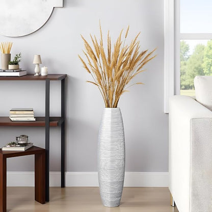 Tall Floor Vase, 27.5 inches (70cm, 2.3FT) Tall Vases Sturdy, Luxury, Textured for Decorative Branches Dried Flowers, Floor Vase for Rustic Living Room, Modern Decor, Resin Silver Vases