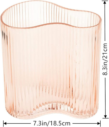 Glass Vase for Centerpieces,Modern Large Vase for Flowers,Footprint Shape Striped Bottle for Home,Office Restaurant Desk Decor 8.3 Inch(Pink)