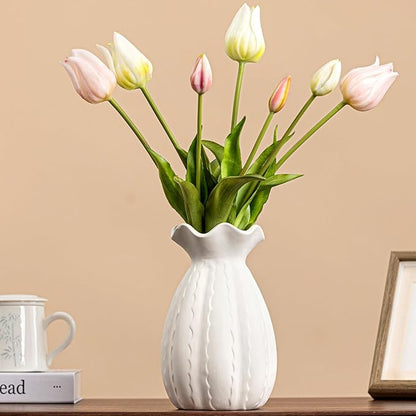 White Ceramic Vase with Ruffled Rim & Scalloped Texture - 8.5" Unique Flower Vase for Pampas Grass & Centerpieces, Decorative Boho/Farmhouse Vase for Living Room, Office Desk & Gift for Her/Yourself