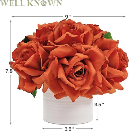 WELL KNOWN Artificial Flowers in Vase, Silk Rose Arrangement Mini Potted Realistic Fake Flowers with Ceramic Vase for Wedding Vanity Centerpiece Coffee Table Bathroom Anniversary Decor (Burnt Orange)