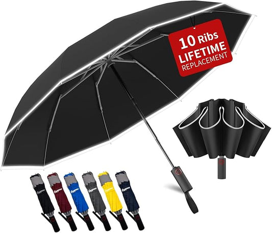 4-in-1 Inverted Travel Umbrella Compact, Automatic Large Umbrellas for Rain & Sun, Portable Windproof Umbrella for Backpack, Reverse Folding Umbrella for UV with Reflective Strips,Lightweight