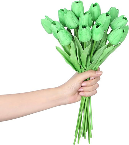 SITUMEIZI 15pcs Green Tulips Fake Artificial Flowers Real Touch 14" Silk Flower for Home Decor Easter Spring Wedding Bouquet Decorations Mother's Gift Day Floral Arrangements