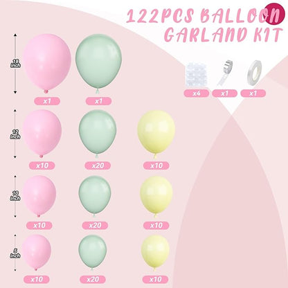 Pink and Green Balloon Arch Kit, 122Pcs Dusty Green Macaron Pink Yellow Matte Balloons for Girls Flower Birthday Bridal Wedding Engagement Floral Baby Shower Anniversary Tea Party Decorations