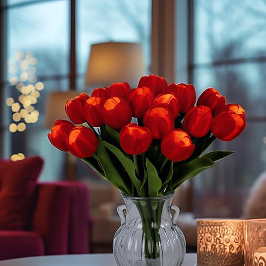 LED Lighted Artificial Tulip Lamp, Real Touch Tulip Flowers, 15 Inch Faux Tulip Bouquet with Battery Operated Lights for Gifts, Christmas,Holiday,Home Kitchedn Wedding Decor (Red)