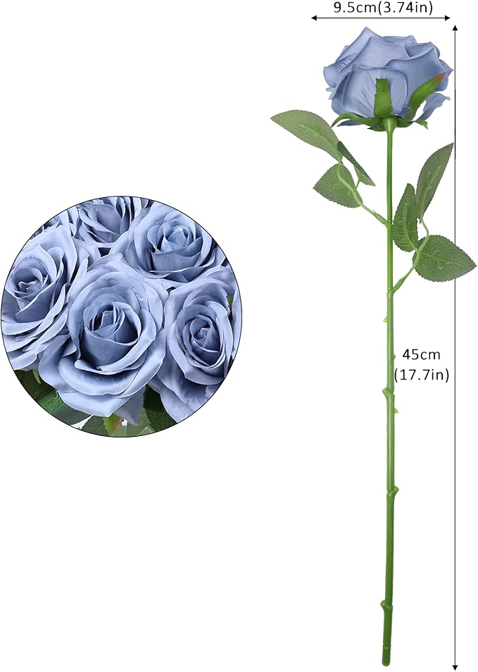 Artificial Rose Flower Dusty Blue Flowers Dusty Blue Roses Silk Flowers 30 pcs with Long Stem Silk Roses Bouquet for Wedding Bridal Shower Party Home Decoration