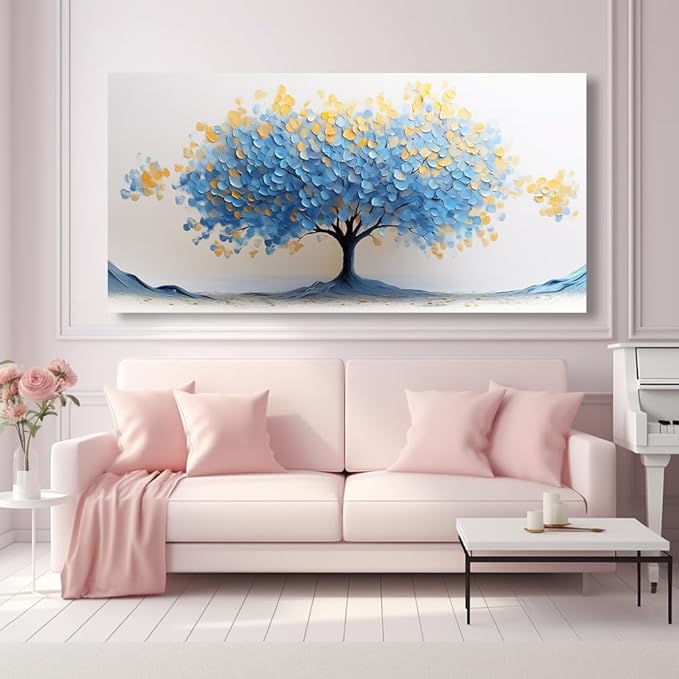 LAVIKARS Modern Tree of Life Wall Art for Living Room Office Navy Blue and Yellow Floral Abstract Landscape Canvas Painting Prints Large Nature Artwork Home Kitchen Bedroom Decor (20x40 Inches)