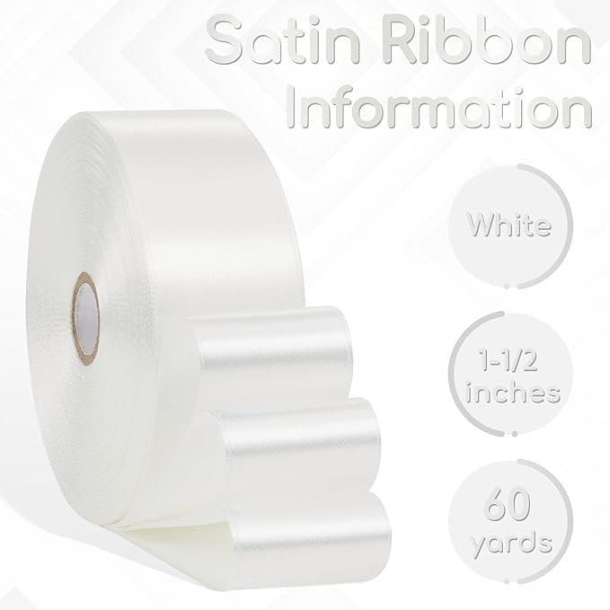 White Satin Ribbon 1-1/2 Inch 60 Yards, Solid Polyester Fabric Ribbon for Gift Wrapping, Flower Bouquet, Crafts, Wedding, Handmade Roses, Birthday and Festival Decor