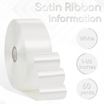 White Satin Ribbon 1-1/2 Inch 60 Yards, Solid Polyester Fabric Ribbon for Gift Wrapping, Flower Bouquet, Crafts, Wedding, Handmade Roses, Birthday and Festival Decor