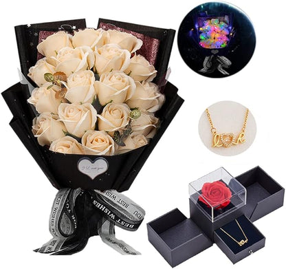 EIGHTOWN Roses Bouquet Artificial Flower - Preserved Red Rose Flowers with Love Necklace for Her - Unique Gifts Valentine's Day, Mother's Day, Thanksgiving, Birthday, Anniversary
