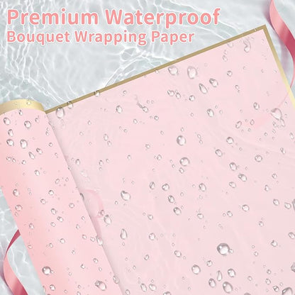 52Pcs Flower Bouquet Wrapping Paper Accessories Kit, 20 Sheets Pink Waterproof Floral Wrapping Paper, 12 Gold 12 Pink Butterflies, 5 Cards, 1 Ribbon, 1 Letter 1 Rhinestone Sticker (Gold Edge)
