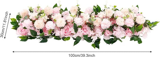 Eapmic Artificial Flower Row, 39.37in Peony Hydrangea Floral Arrangement, Faux Flower Panel Table Centerpiece for Wedding Arch Wall Backdrop Ceremony Reception Home Party Decoration (Pink)