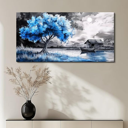 PHAOHUAXM Large Wall Art For Living Room Blue Wall Decor For Bedroom Black White And Blue Trees Wall Pictures Restaurant Office Frame Printing Canvas Large Artwork Modern Home Decoration 30x60 in