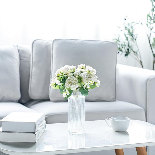 Mkono Peonies Artificial Flowers, Small Silk Flowers for Home Decor Indoor Fake Bouquet Faux Floral Arrangements Dining Table Centerpieces for Kitchen Bridal Wedding Party Decor White