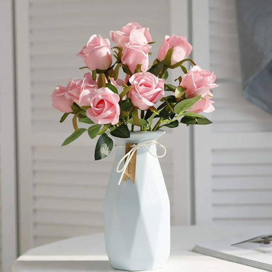 Veryhome Artificial Flowers Silk Roses Fake Bridal Wedding Bouquet for Home Garden Party Floral Decor 10 Pcs (Pink Straight stem)