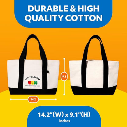 PETIT FACTORY Canvas Tote Bag 14.2"(W) × 9.1"(H) × 3.9"(D), Great for DIY Painting or Decoration, Tote Bags for Women Canvas with Pockets & Keyring Hooks