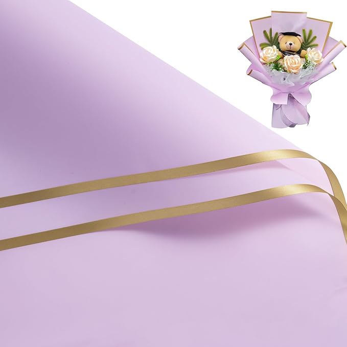 WRAPAHOLIC 20 Sheets Flower Wrapping Paper - 22.4 x 22.4 inch Gold Trim Purple Water-Resistant Floral Bouquet Wrapping Paper, Florist Supplies Packaging Paper for Wedding Birthday Gift DIY