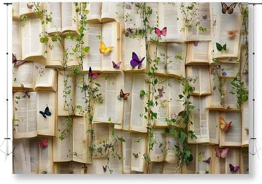 7x5ft Vintage Bookshelf Backdrop for Photography Book Butterfly Backdrops Books Flowers Wallpaper Decoration Bridal Shower Kids Girls Birthday Party Banner Supplies KUBYW004