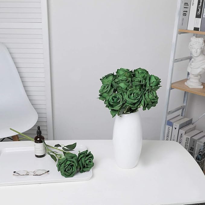 Nubry Artificial Silk Rose Flower Bouquet Lifelike Fake Rose for Wedding Home Party Decoration Event Gift 10pcs (Dark Green)