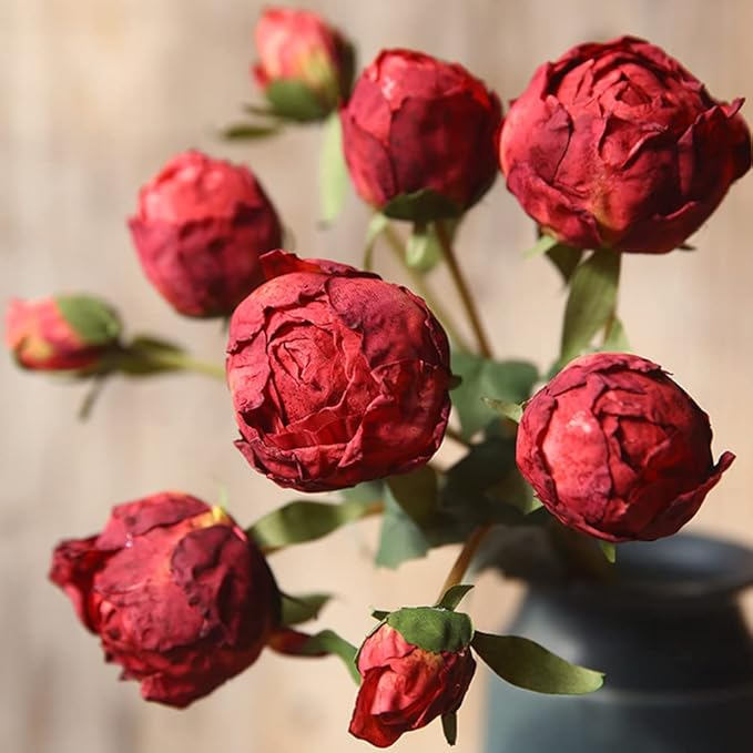Peonies Artificial Flowers 2 Bouquets, Vintage Peonies 18pcs Silk Peonies with Stems Real Look Red Fake Peonies Flowers Artificial for Decoration for Wedding Bouquet (Red)