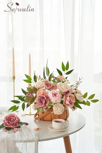 Serwalin Artificial Flowers Pink Wedding Cake Flowers, Fake Dusty Roses Peonies for Bouquets Table Centerpieces Wedding Home Decor, Baby Shower Party Flowers with Stems DIY Combo