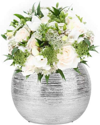 Silver Round Metallic Ceramic Planter Vase Indoor Decorative Centerpieces Flower Pot Sphere Plant Pot
