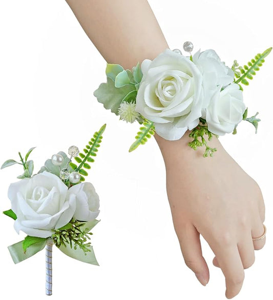 White Green Corsage and Boutonniere Set, Prom Wedding Homecoming Wrist Corsage Wristlet and Boutonniere Set for Grooms Groomsmen Guest Bridal Bridesmaid Artificial Flower Suit Decoration
