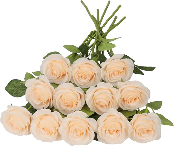 12pcs Roses Artificial Flowers Champagne Silk Roses with Long Stems Fake Flowers for Wedding Bouquet Centerpices Decorations Party Bridal Baby Shower Home Decor