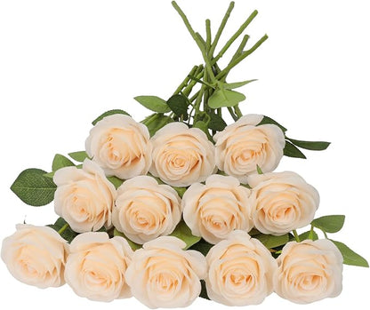 12pcs Roses Artificial Flowers Champagne Silk Roses with Long Stems Fake Flowers for Wedding Bouquet Centerpices Decorations Party Bridal Baby Shower Home Decor