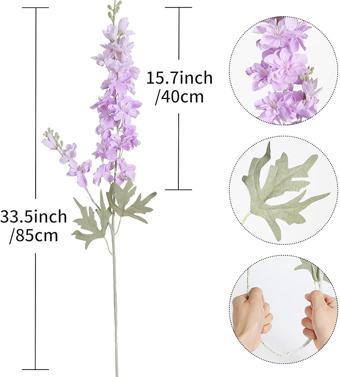 8PCS Purple Delphinium Artificial Flowers 33.5in Long Stem Larkspur Fake Silk Flowers for Tall Vase Faux Flowers for Home Wedding Baby Shower Floral Arrangement Centerpiece Table Decor (Purple)