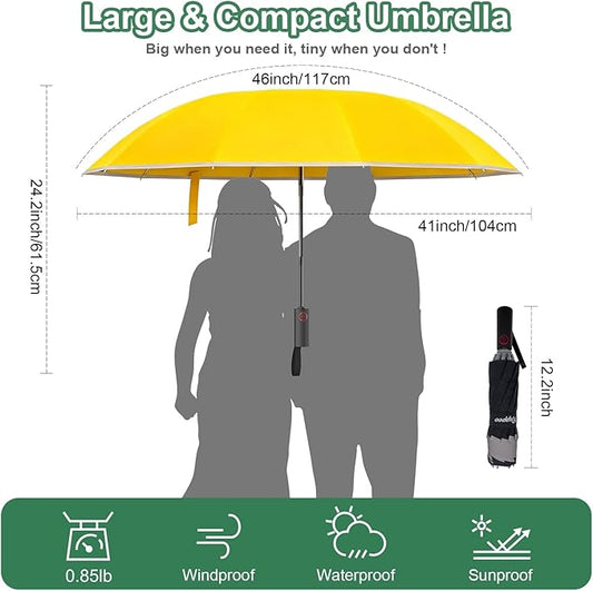 4-in-1 Inverted Travel Umbrella Compact, Automatic Large Umbrellas for Rain & Sun, Portable Windproof Umbrella for Backpack, Reverse Folding Umbrella for UV with Reflective Strips,Lightweight