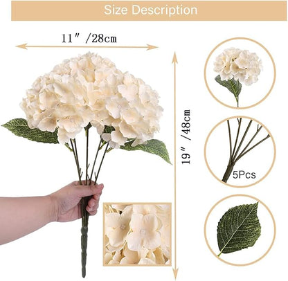 2Bouquets Artificial Fake Flowers Plants Silk Hydrangea Arrangements Wedding Bouquets Decorations Plastic Floral Home Kitchen Garden Party Festival Bar DIY (Cream,5 Flower Heads)