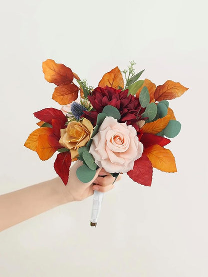 Rinlong 1Pc Bridesmaids Bouquet Fall Wedding Bouquets for Bridesmaid Terracotta Artificial Flowers Burnt Orange Silk Bouquet for Wedding