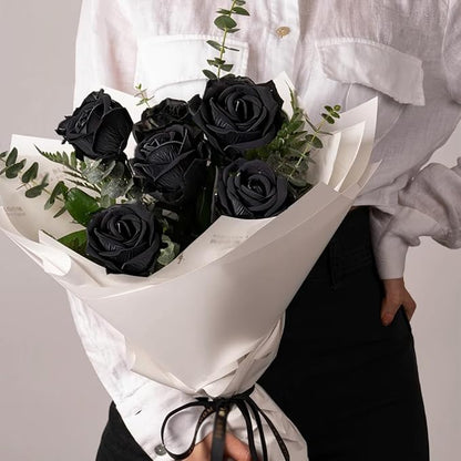Jasion 12PCS Artificial Roses Realistic Velvet Silk Flowers Long Stem Faux Flowers Bouquet for Wedding Home Party Table Centerpieces Decorations (Black)