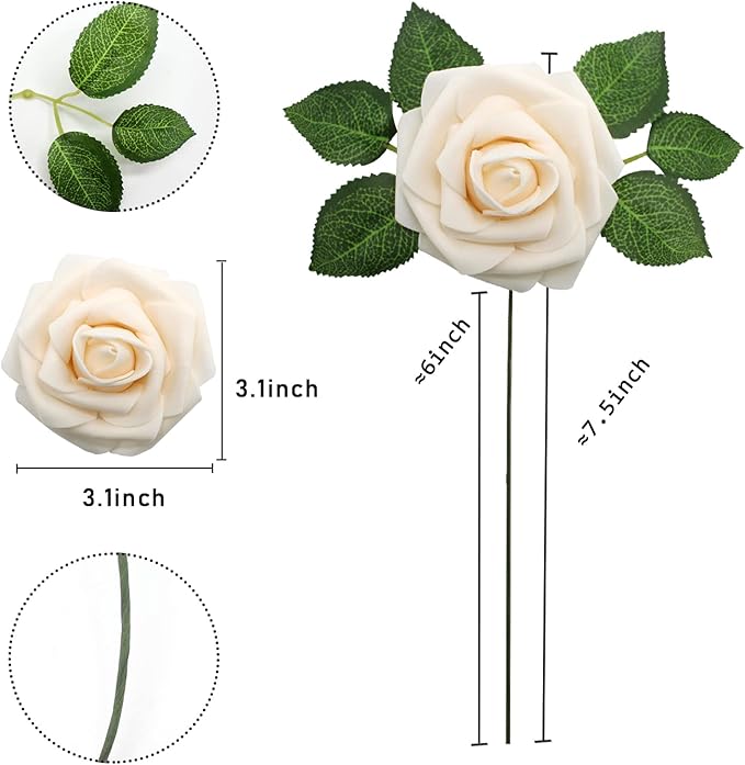 Artificial Roses Flowers 50pcs Real Looking Foam Fake Roses with Stems for DIY Wedding Bouquets Bridal Shower Centerpieces Party Decorations (50, Champagne)