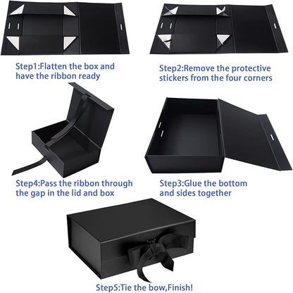 Black Luxury Magnetic Gift Box with Lid, Ribbons and Gift Bag, Medium Size-9.4x7x3 Inches, Great for Christmas, New Year, Wedding, Birthdays, Man