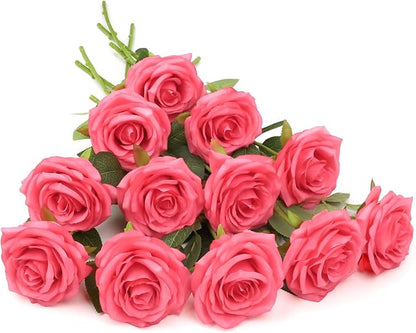 Artificial Rose Flower Coral Flowers Silk Flowers 12 pcs with Long Stem Silk Roses Bouquet for Wedding Bridal Shower Party Home Decoration