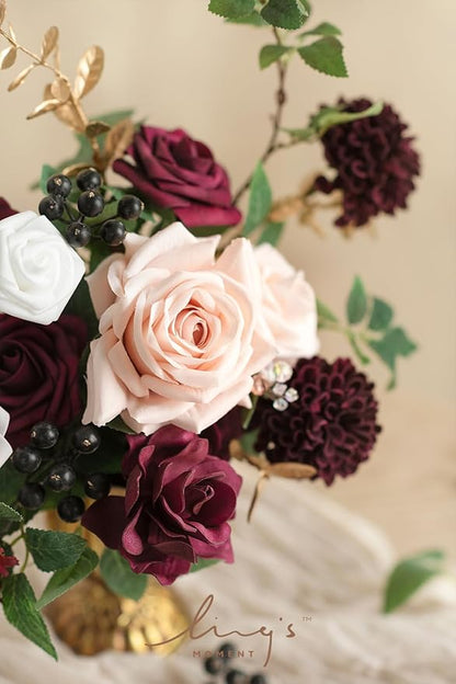 Ling's moment Burgundy Artificial Flowers and Greenery Mini Combo Box Set, Marsala & Blush Fake Flower for DIY Wedding Bridal Bouquet, Centerpieces Decor, Floral Arrangement Decor, etc.
